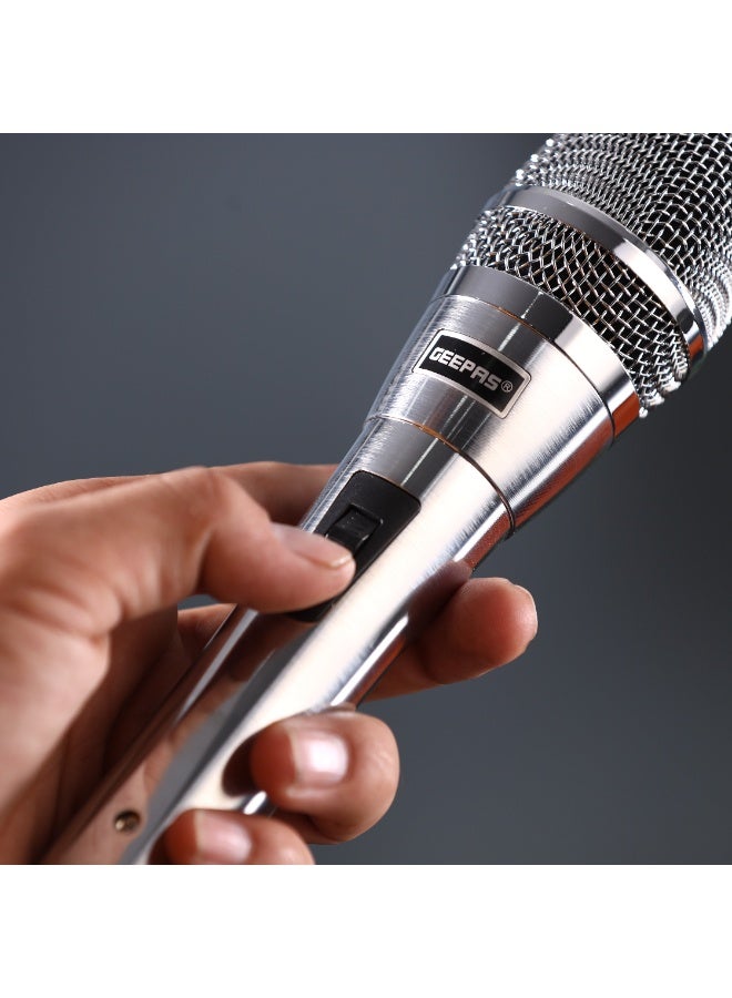 Geepas Dynamic Microphone- GMP15016/ Clarity, Sharp Sensitivity, Long-Distance Pickup/ 8-Meter Cable, Wide Frequency Range, Low Pass Filter/ Ideal for Professional Recording Studios, Live Performances, Broadcasting Applications/ Silver, 2 Years Warranty - Image 2